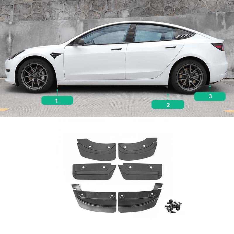 Model 3/Y "Invisible" Mudguards; No Drilling, Installation in Original Vehicle Holes (Set of 6)