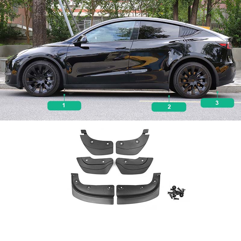 Model 3/Y "Invisible" Mudguards; No Drilling, Installation in Original Vehicle Holes (Set of 6)