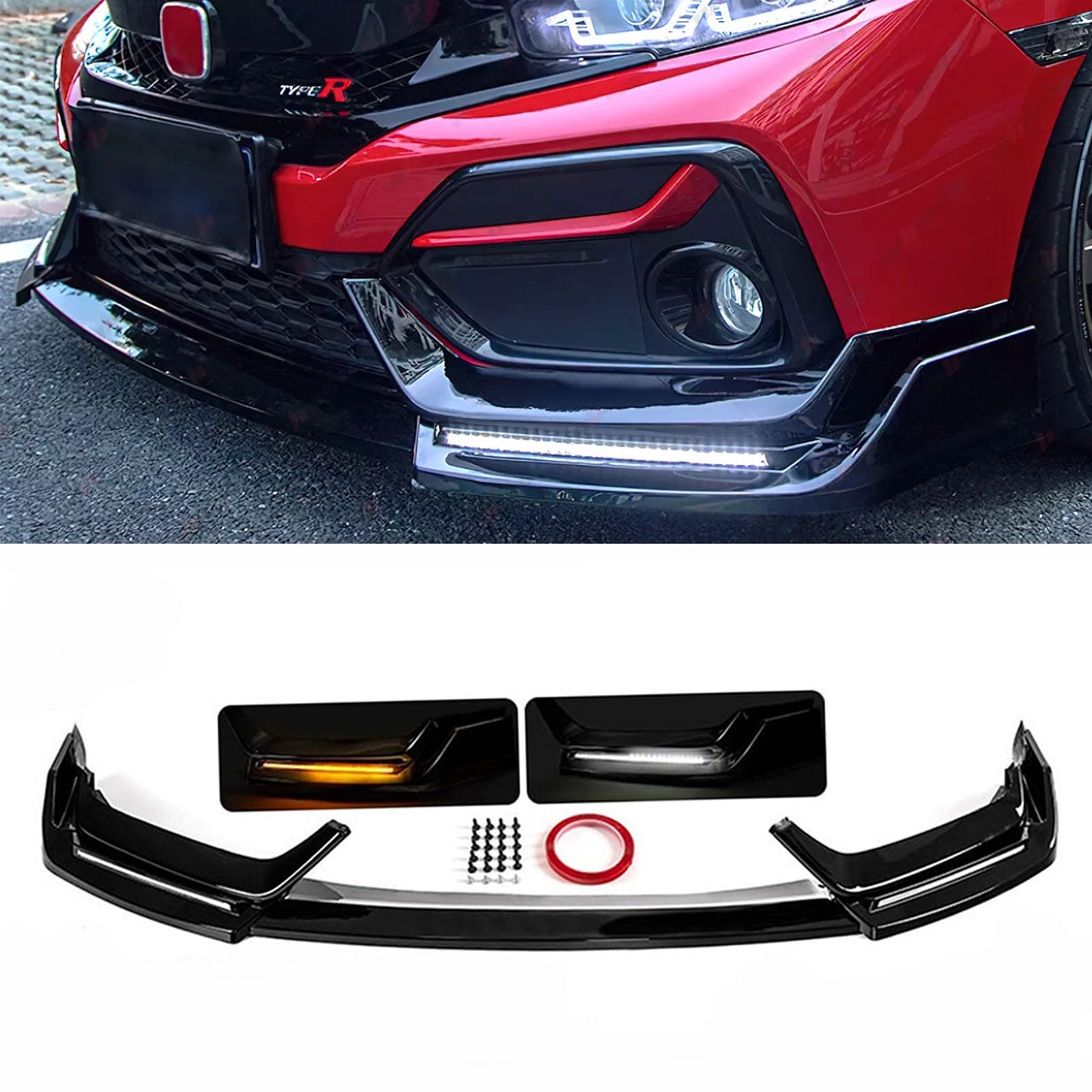 LED Front Bumper Lip For 17-21 Honda Civic Si & Hatchback BLZ Style Gloss Black