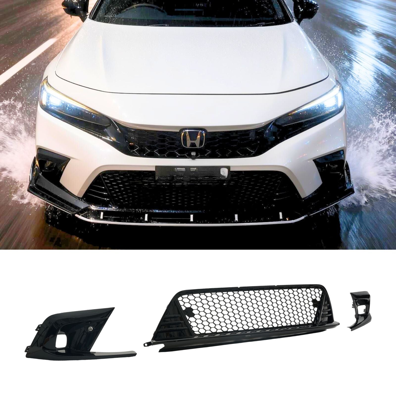 For 22-24 Civic Type-R Style Front Lower Grill + Fog Light Bezel Cover