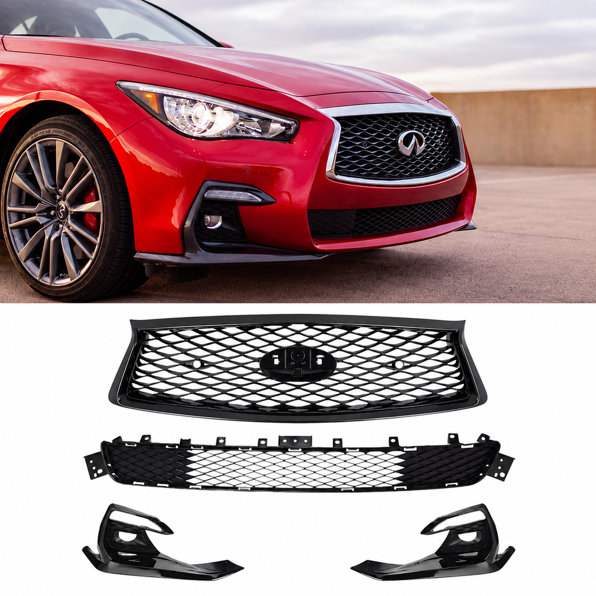 For 2018-2024 Infiniti Q50 Sport Front Upper Lower Grille Fog Light Bezels Cover