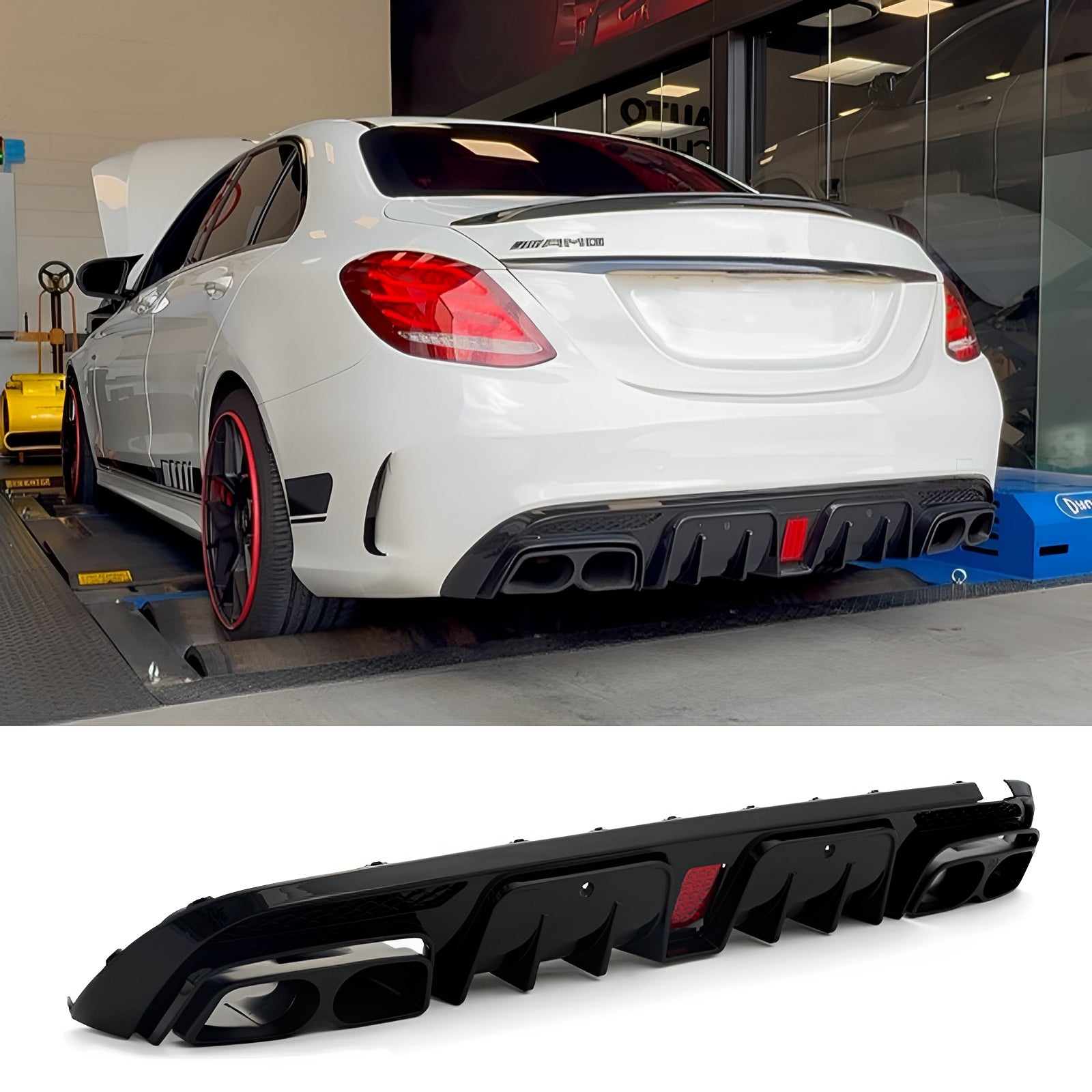 For 2015-2021 BENZ W205 C63 C43 Sedan B Style LED Bumper Diffuser & Blk Exhaust Tips