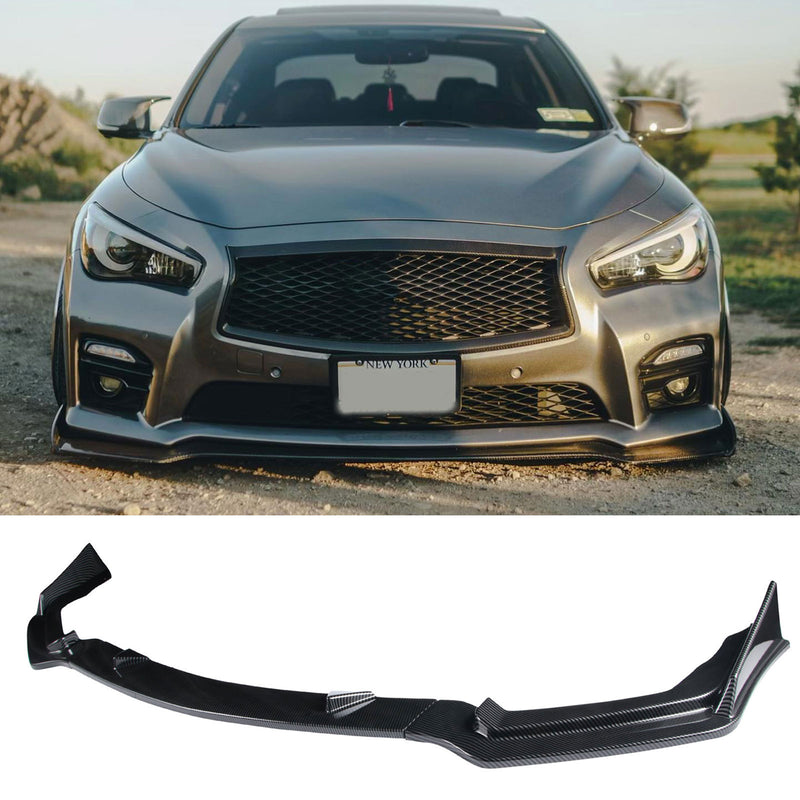 SCITOO Glossy Carbon Look Front Lip Spoiler For 2017-2020 Infiniti Q60 Coupe - V-Style Bumper Lip, 3-Piece Kit